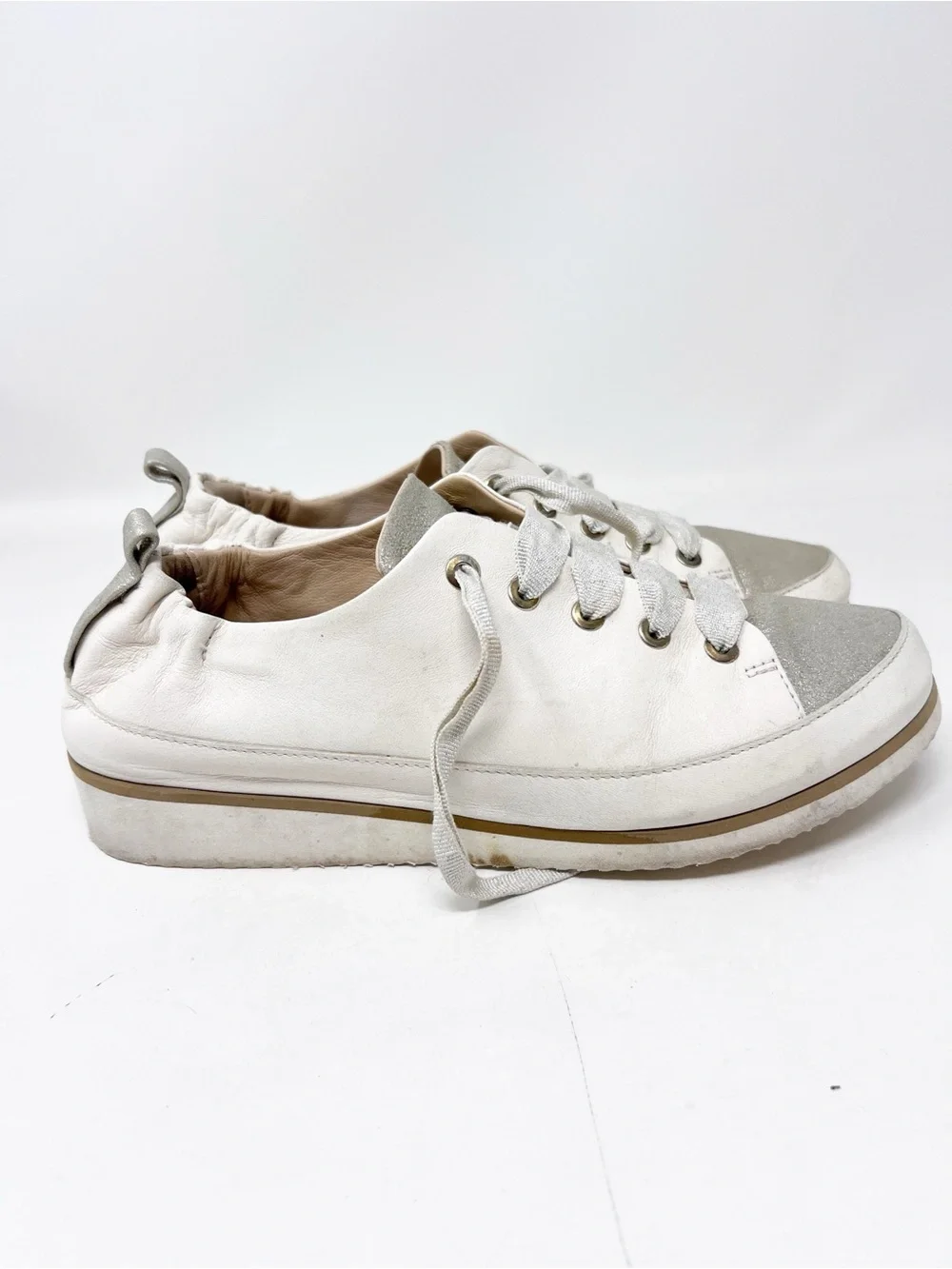 RON WHITE OFF-WHITE METALLIC TOE CAP LACE UP NOVA SNEAKERS WOMENS 37.5/7.5